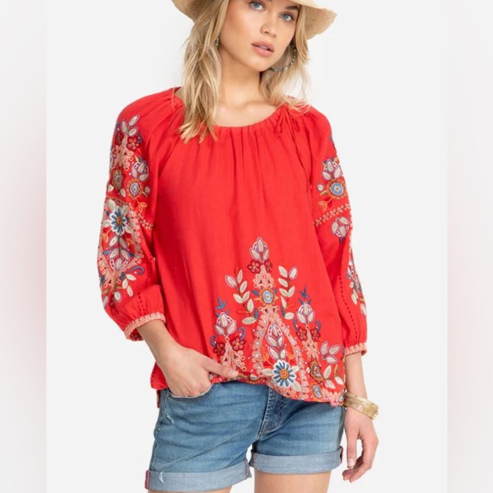 JOHNNY WAS Maisie Peasant Embroidered Linen Blouse